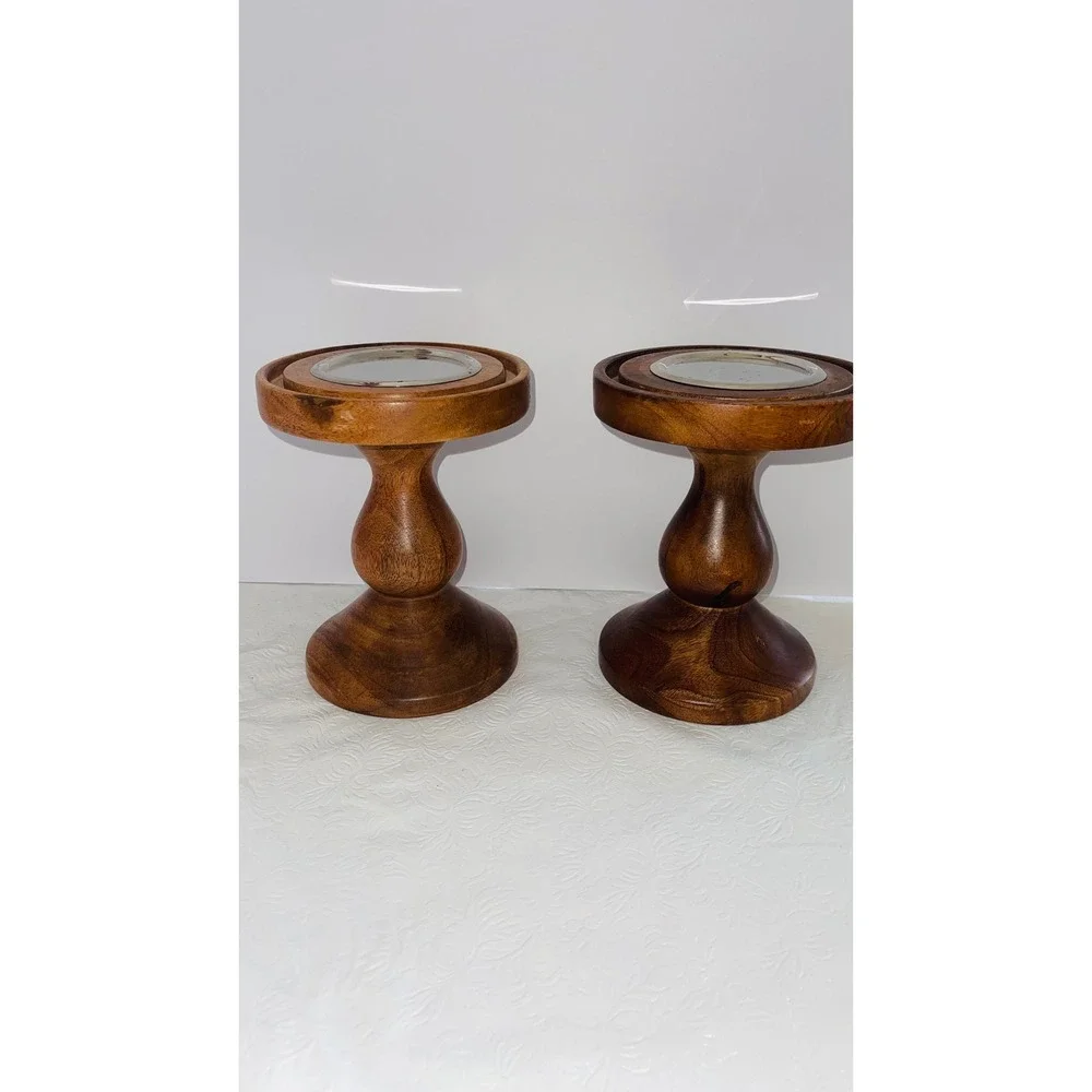 Pair Turned Wood Pillar Candle Holders Metal Insert Stand 8 Inch Farmhouse⁠